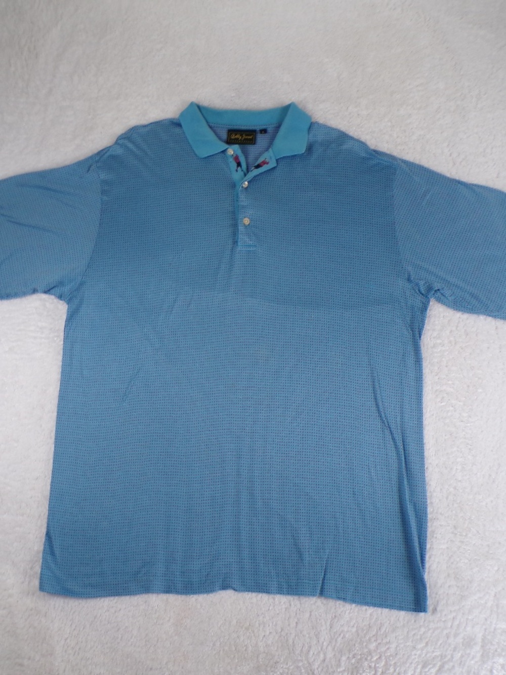 Bobby Jones Signature Polo Golf shirt, Color Blue with Purple Dots. Men’s Size L